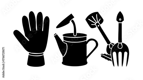 Vector art of gardening tools glove, watering can, shovel, and rake for planting, cultivating, and maintaining a beautiful garden, promoting outdoor activities and hobbies