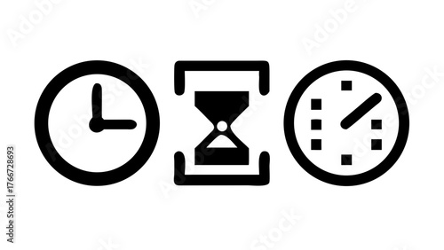 Vector art of time management concept clock, hourglass, and watch icons representing the importance of punctuality, deadlines, and efficient scheduling for productivity