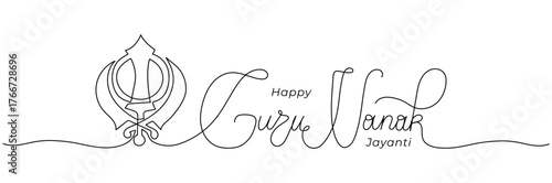 Guru Nanak Jayanti one line art. Hand drawn lettering with Khanda symbol. Celebrates the birth of the first Sikh Guru of India. Editable stroke handwritten typography for poster card flyer banner