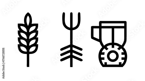 Vector art of three agriculture icons showing a wheat stalk, a pitchfork, and a grinder the icons are simple and modern, perfect for use in a variety of designs