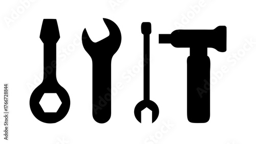Illustration of a screwdriver, wrench, and hammer, representing tools, repair, construction, maintenance, and mechanical work in a minimalist style