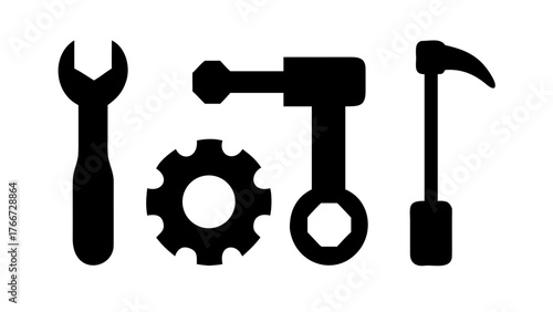 Illustration of a wrench, gear, and hammer, representing tools, repair, construction, maintenance, and mechanical work in a minimalist style