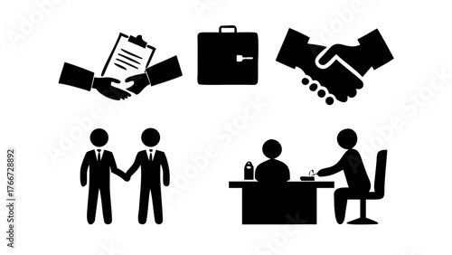 Vector art of a set of black business icons showing a contract being signed, a briefcase, a handshake, two people shaking hands, and a job interview