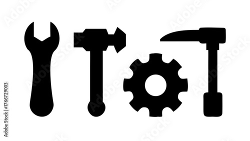 Vector art of wrench, hammer, and gear icons representing tools, repair, maintenance, and construction services for industrial and home improvement projects