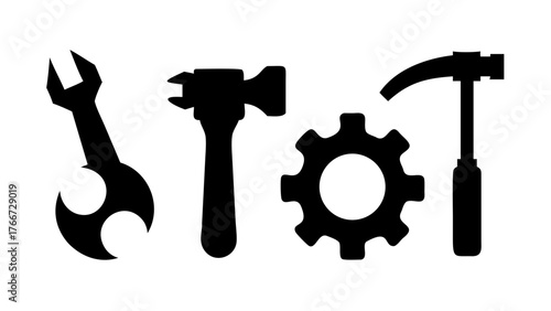 Illustration of a wrench, hammer, gear, and claw hammer, symbolizing tools, repair, construction, and maintenance in a simple and clean design