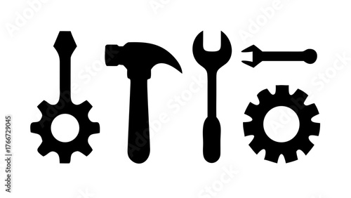 Vector art of screwdriver, hammer, wrench, and gear icons depicting tools, repair, maintenance, and construction services for industrial and home projects