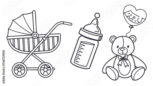 Vector art of delicate line art depicting baby essentials, a charming stroller, a nurturing baby bottle, and an endearing teddy bear create a scene of infant care and affection