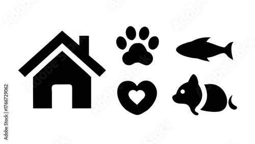 Vector art of a delightful illustration featuring a house, paw print, fish, heart, and mouse, capturing the essence of a cozy home filled with love and companionship from various pets