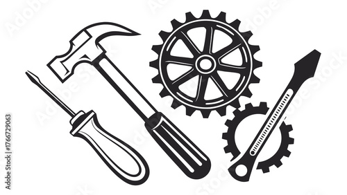 Vector art of a set of tools including a hammer, screwdrivers, and gears these tools represent repair, construction, and mechanical work, perfect for illustrating various concepts