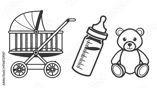 Vector art of elegant monochrome line drawing of baby necessities, a classic stroller, a simple baby bottle, and a sweet teddy bear evoke a sense of early childhood