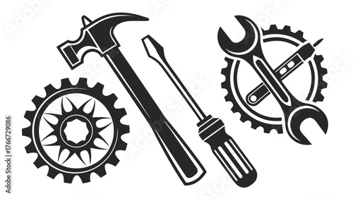 Vector art of a collection of tools including a hammer, screwdriver, wrench, and gears these tools represent repair, construction, and mechanical work, perfect for illustrating various concepts