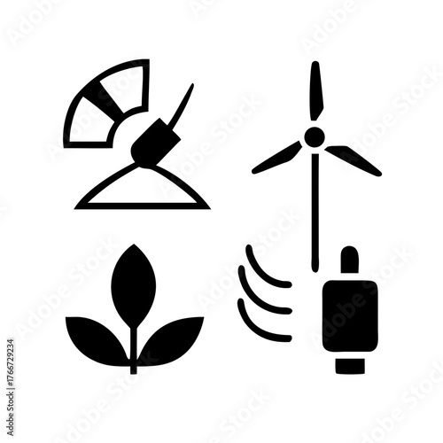 Vector art of icon set representing renewable energy sources and sustainable agriculture, including wind turbine, solar panel, plant, and wireless communication