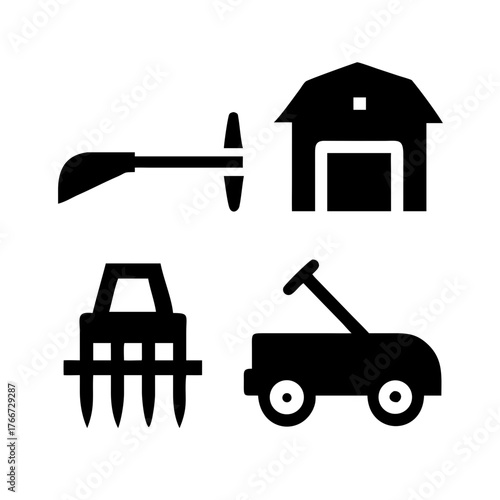 Illustration of a scythe, a barn, a cultivator, and a garden cart perfect for representing farming, agriculture, or rural life in a simple and clean style