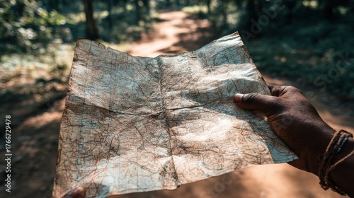 Hand holding a map in a forest path