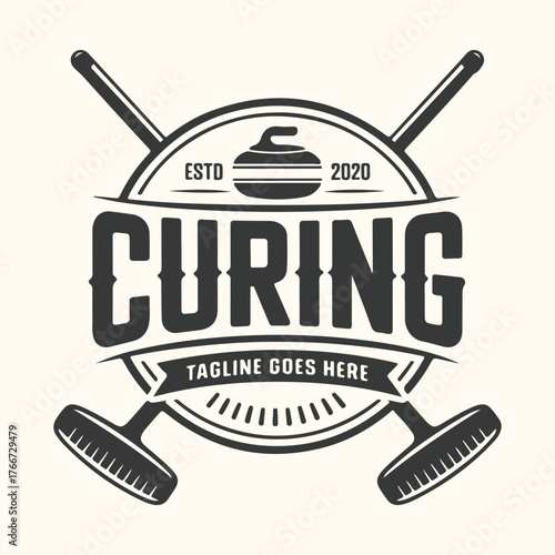 Vector art of vintage curling sport emblem with crossed brushes and stone, featuring the word curing and estd 2020 for a retro athletic club or team logo design