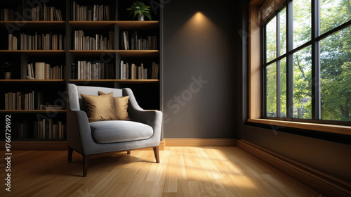 Wallpaper Mural Modern Minimalist Home Library Corner with Cozy Armchair, Natural Light, and Dark Wood Accents Enhancing Serenity and Comfort Torontodigital.ca