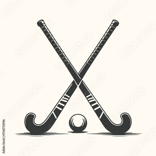 Vector art of two crossed hockey sticks and a ball, vintage illustration, graphic design, sport equipment, isolated on cream background