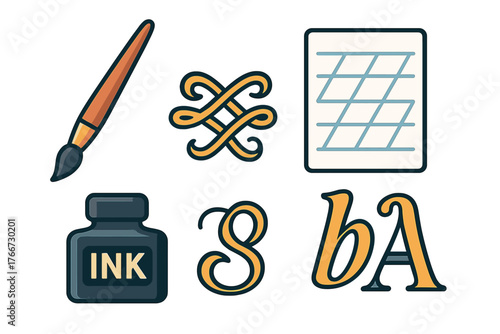 Art supplies and calligraphy elements including paintbrush ink bottle and stylized letters