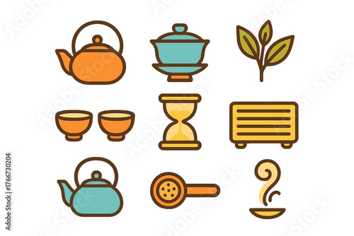 Traditional tea ceremony accessories brewing tools teapots cups and leaves