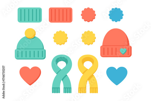 Brightly colored set of winter fashion accessories including knit beanies and warm scarves