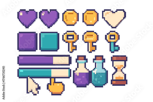 Retro video game interface elements and collectible items: hearts, coins, keys, and magic potions