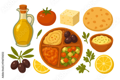Assortment of healthy Mediterranean diet components featuring olive oil, cheese, tomato, and dips