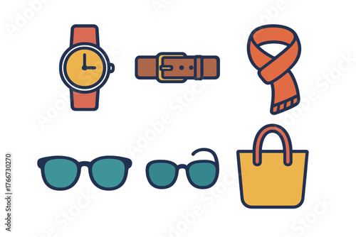 Essential fashion accessories set: wristwatch, belt, sunglasses, scarf, and handbag