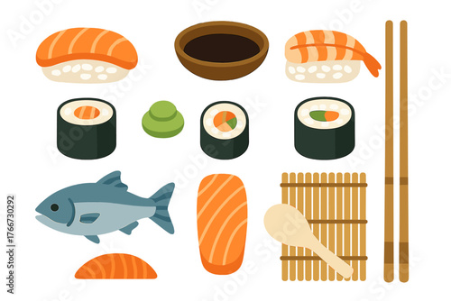 Set of Japanese sushi rolls nigiri sashimi ingredients and traditional cooking tools