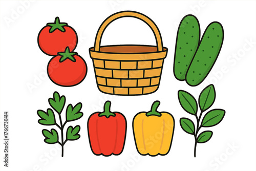 Colorful farm fresh produce items and a woven harvest basket isolated on white background
