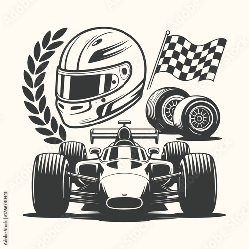 Vector art of racing car with helmet, checkered flag, laurel wreath, and wheels, symbolizing speed, victory, and motorsport competition