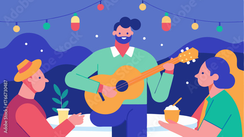 A local musician strumming a guitar nearby filling the air with lively music as people enjoy their meal under string lights.