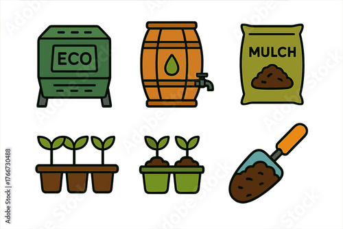Eco-friendly gardening and composting tools and materials including mulch, seedlings, rain barrel, and trowel