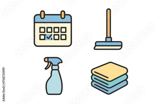 Set of household cleaning tools and scheduling icons for domestic chores and hygiene maintenance