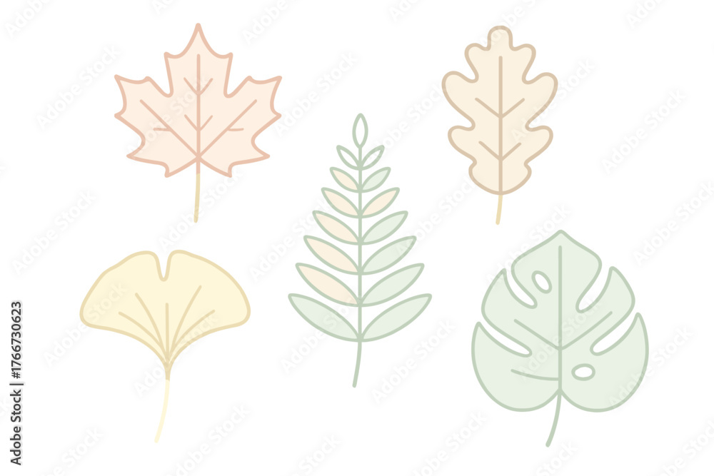 Fototapeta premium Minimalist collection of various botanical leaves in soft pastel colors on a white background