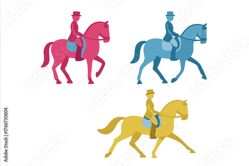 Three colorful stylized equestrian riders performing dressage movements