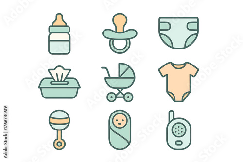 Outline icons set of essential newborn baby care items and accessories in pastel colors