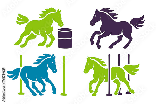 Dynamic silhouettes of horses competing in rodeo events barrel racing and pole bending