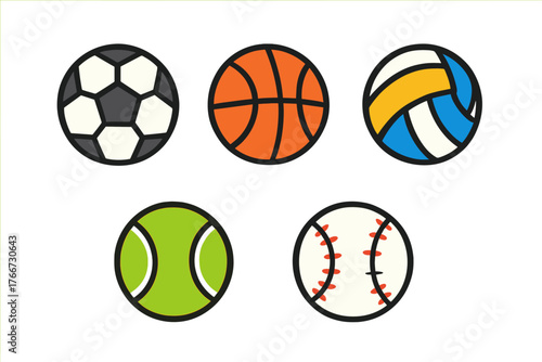 Collection of five essential sports balls for soccer basketball volleyball tennis and baseball