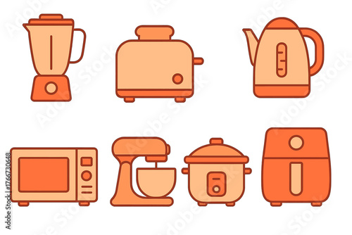 Set of essential kitchen appliances icons: blender, toaster, electric kettle, microwave oven, stand mixer, and air fryer