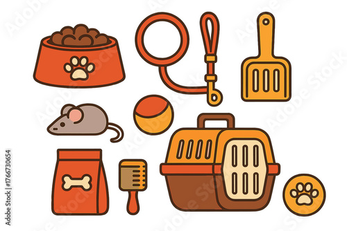 Colorful assortment of essential pet supplies and accessories for dogs and cats on white