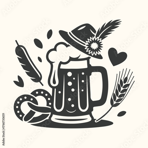 Vector art of oktoberfest celebration with a frothy beer mug, pretzel, wheat stalk, feather, and hat, isolated on a light background, perfect for festive designs