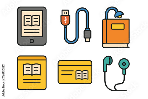 Digital reading set featuring e-reader device, USB cable, physical book, and earbuds