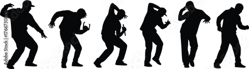 Dance silhouette illustrations, black hip-hop poses, dynamic body movement, street dance vector art, expressive choreography clipart, cultural rhythm design set