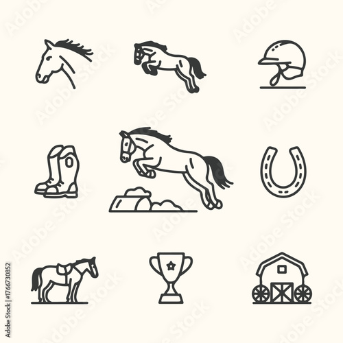 Vector art of collection of equestrian icons including horses, rider helmet, boots, horseshoe, trophy, and barn, representing horse riding and competition