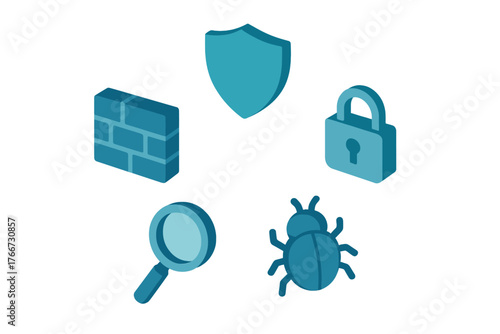Isometric symbols representing digital security, network protection, data privacy, and cyber threats