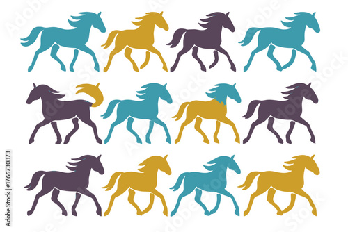 Stylized running horses seamless pattern in teal, mustard yellow, and dark purple