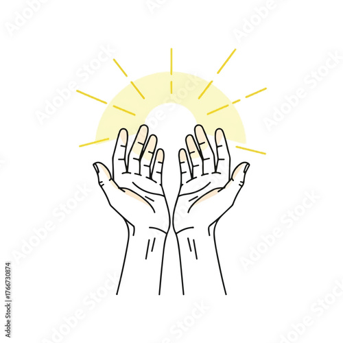A pair of open hands reaching upwards towards a glowing halo of light, symbolizing hope, spirituality, or divine intervention