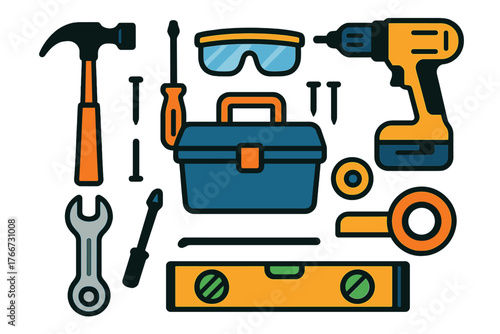 Essential construction and DIY repair tools set with toolbox and power drill