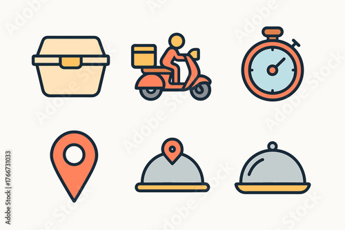 Colorful outline icons for fast food delivery, logistics, tracking, and service