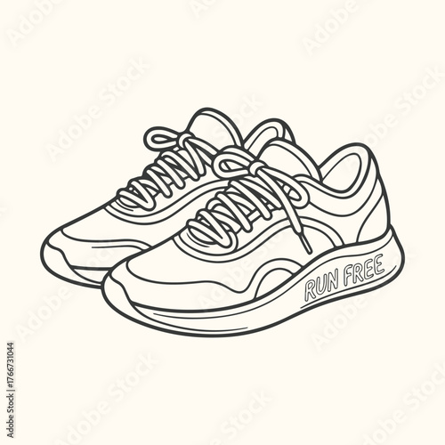 Vector art of a minimalist line art illustration of a pair of athletic running shoes with laces and the words run free on the sole, presented in a clean, modern style